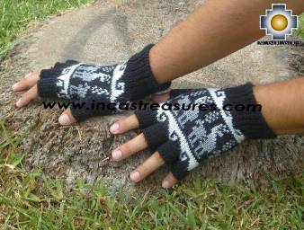 100% Alpaca Wool Fingerless Gloves with Llama designs Black