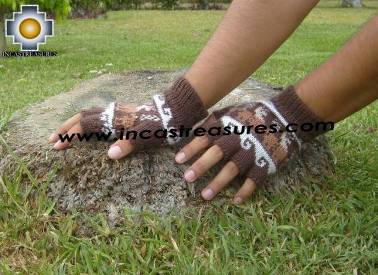 100% Alpaca Wool Fingerless gloves with Llama Designs in Brown