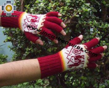 100% Alpaca Wool Fingerless gloves with Llama Designs in Red