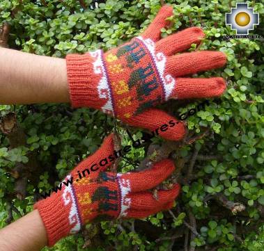 100% Alpaca Wool gloves with Llama Designs in Orange