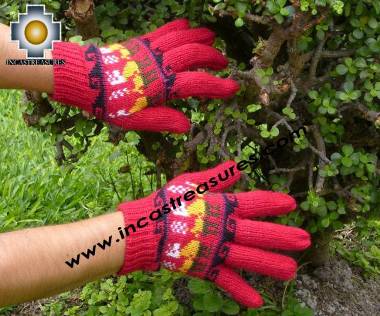 100% Alpaca Wool gloves with Llama Designs in Red