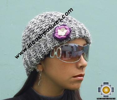 100% Alpaca Wool Hat Handmade Flower 03