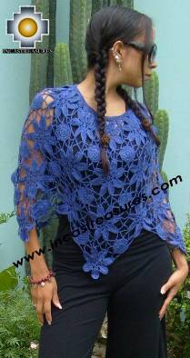 100% Alpaca Crochet Poncho Flowers in Blue color
