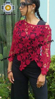 100% Alpaca Crochet Poncho Flowers in Burgundy