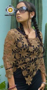 100% Alpaca Crochet Poncho Flowers in Camel